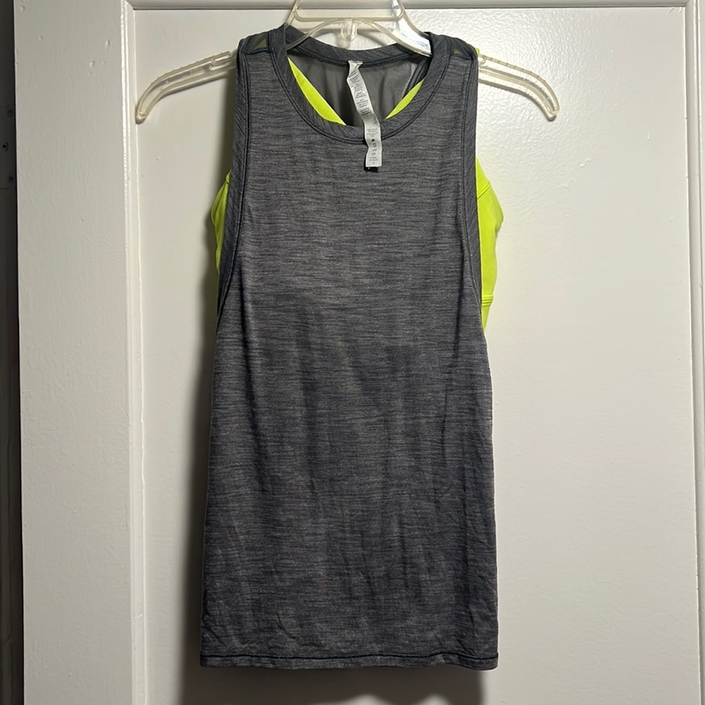 Lululemon in a Cinch Gray Tank Top with Neon Yellow Attached Sports Bra